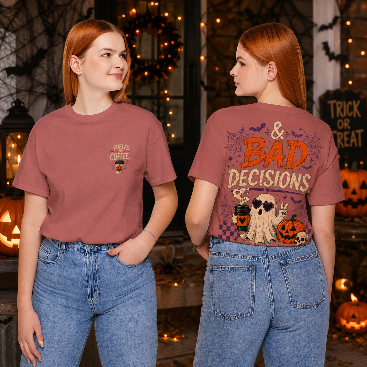 Halloween Ghost 'Bad Decisions' Tee — Cute Spooky Pumpkin Coffee T‑Shirt