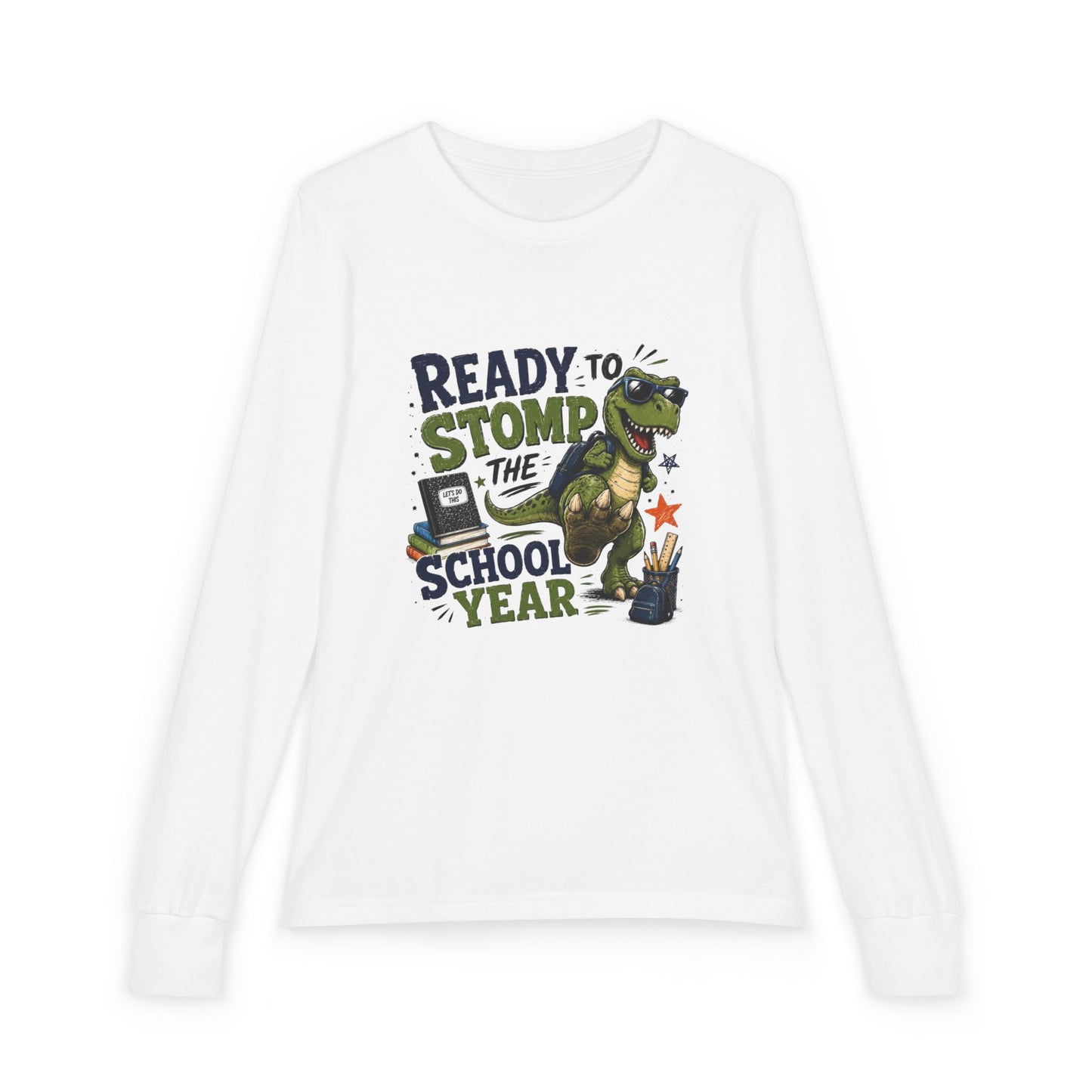 Youth Long Sleeve Tee - "Ready to Stomp the School Year" Dino Back-to-School Shirt