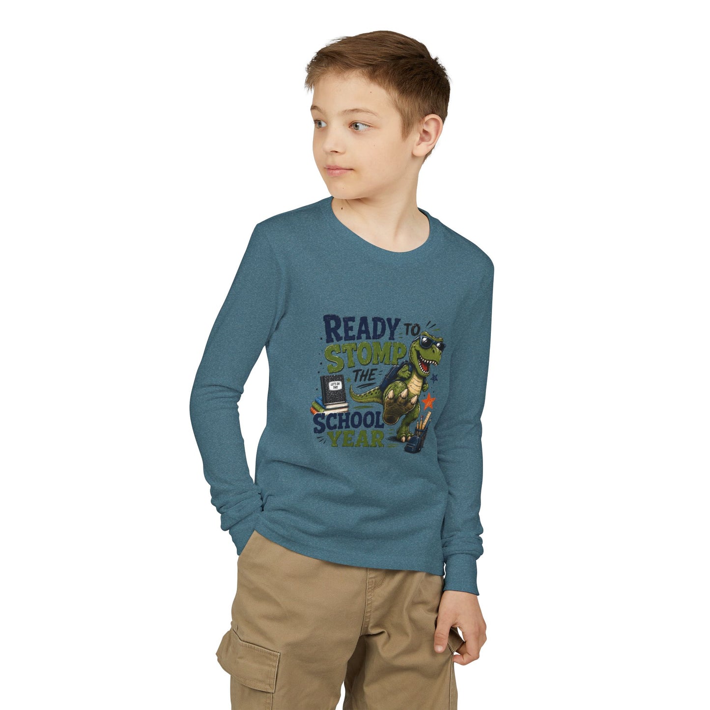Youth Long Sleeve Tee - "Ready to Stomp the School Year" Dino Back-to-School Shirt
