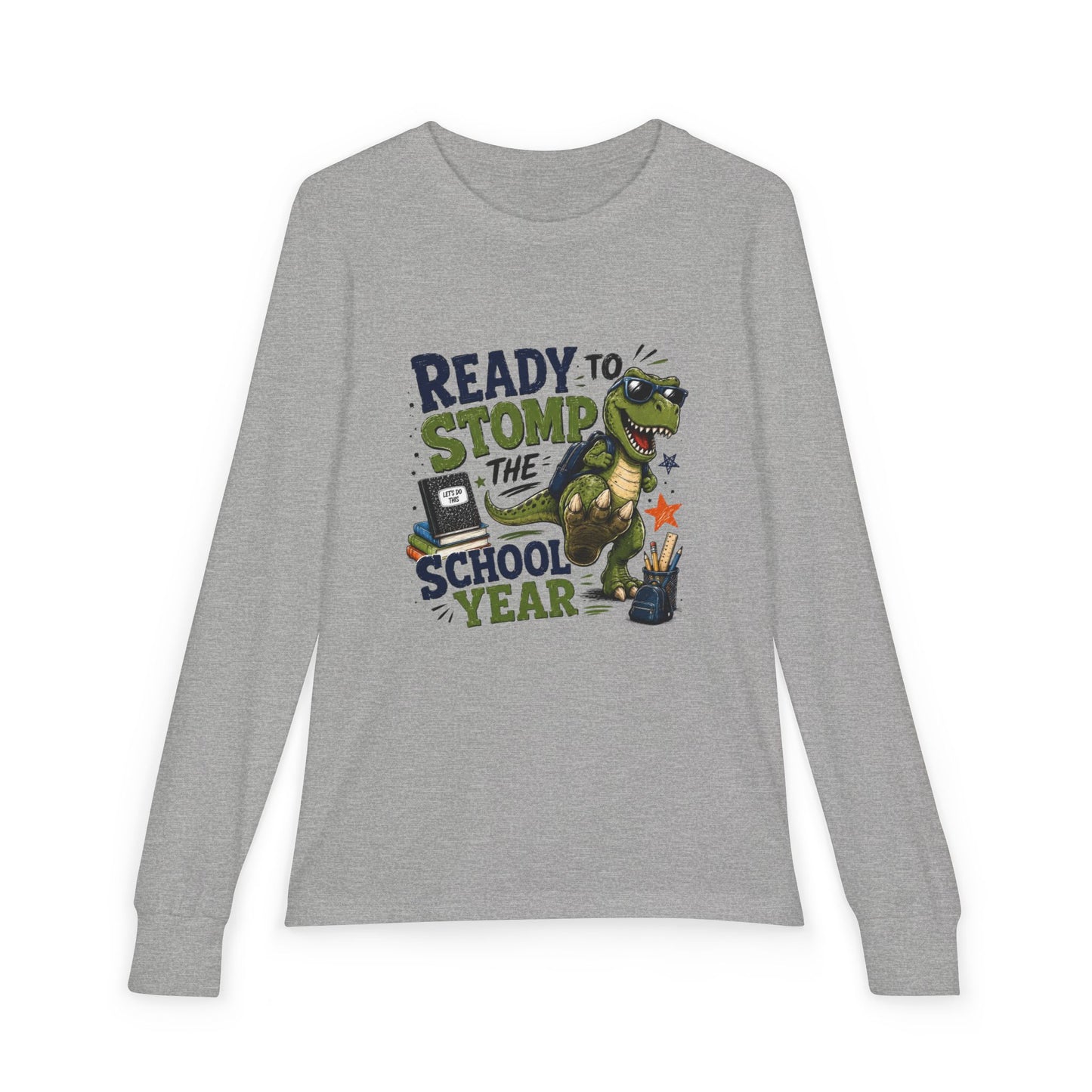 Youth Long Sleeve Tee - "Ready to Stomp the School Year" Dino Back-to-School Shirt