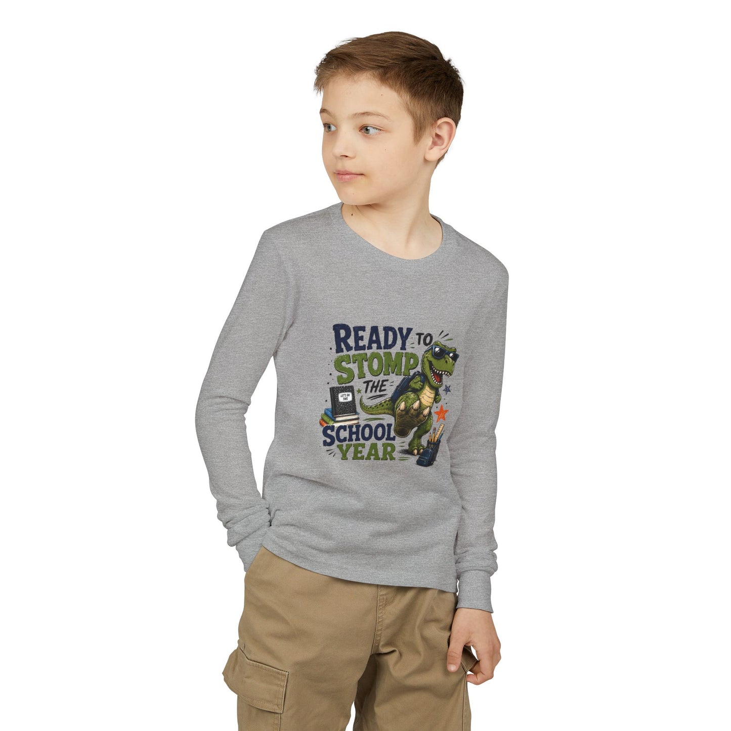 Youth Long Sleeve Tee - "Ready to Stomp the School Year" Dino Back-to-School Shirt