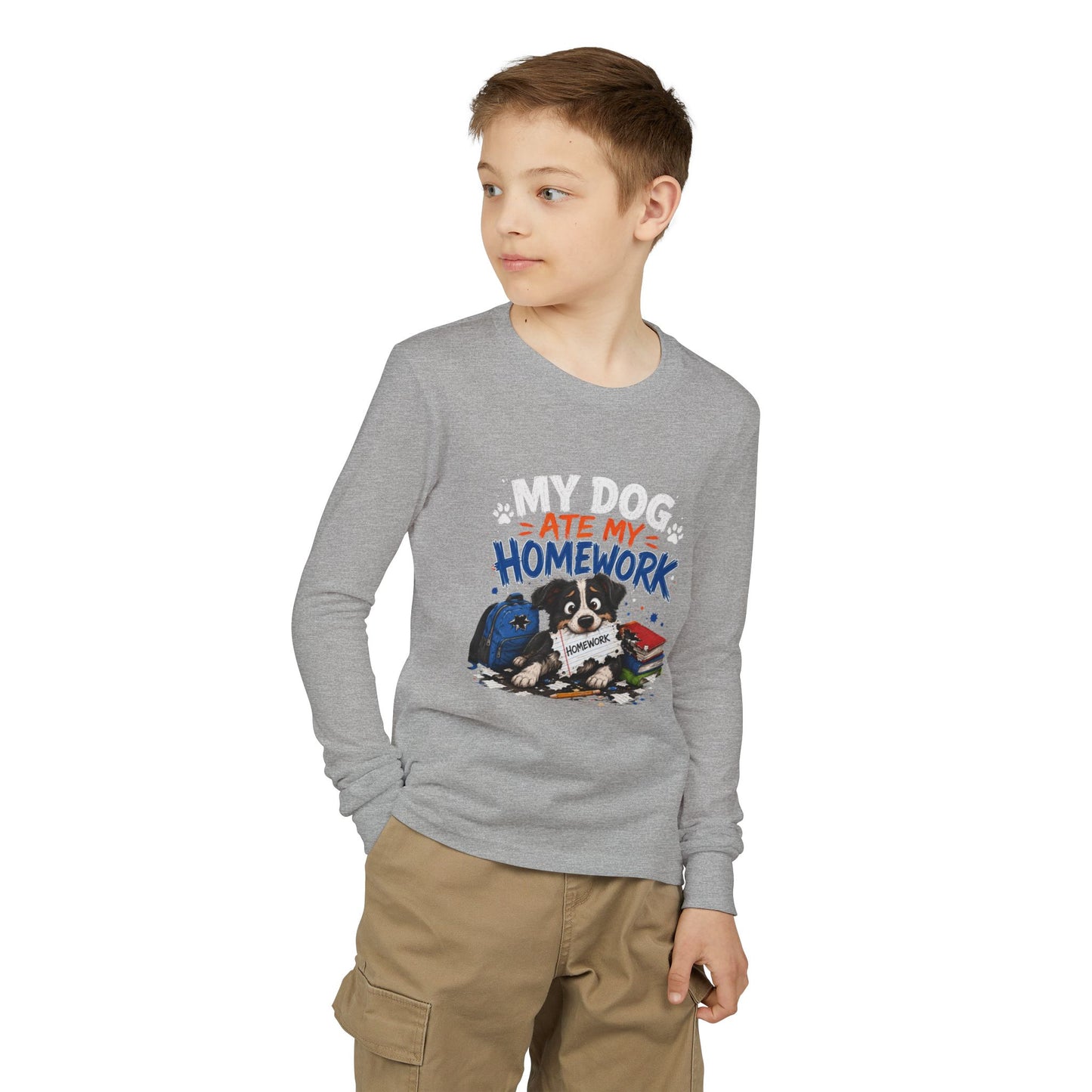 Youth Long Sleeve Tee — "My Dog Ate My Homework" Cute Puppy School Shirt