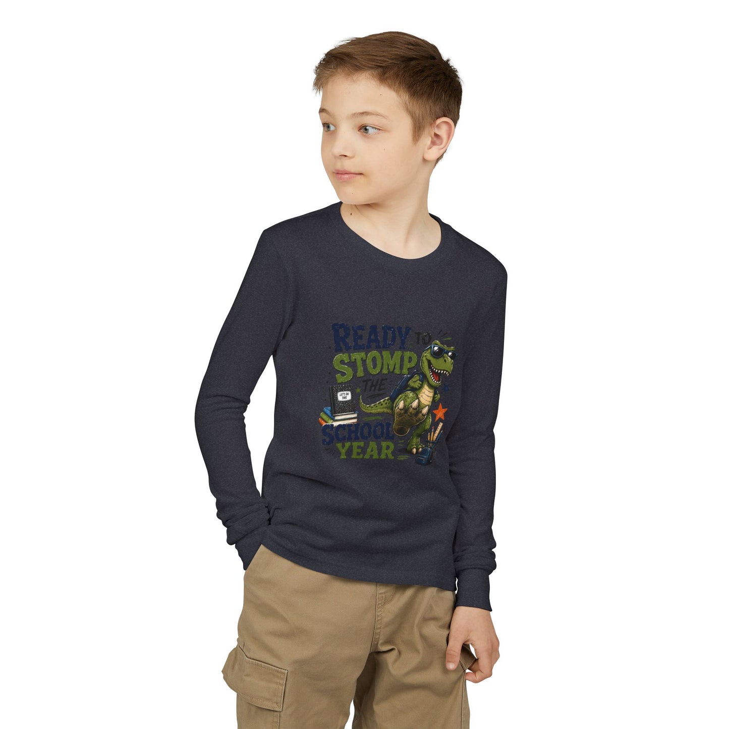 Youth Long Sleeve Tee - "Ready to Stomp the School Year" Dino Back-to-School Shirt