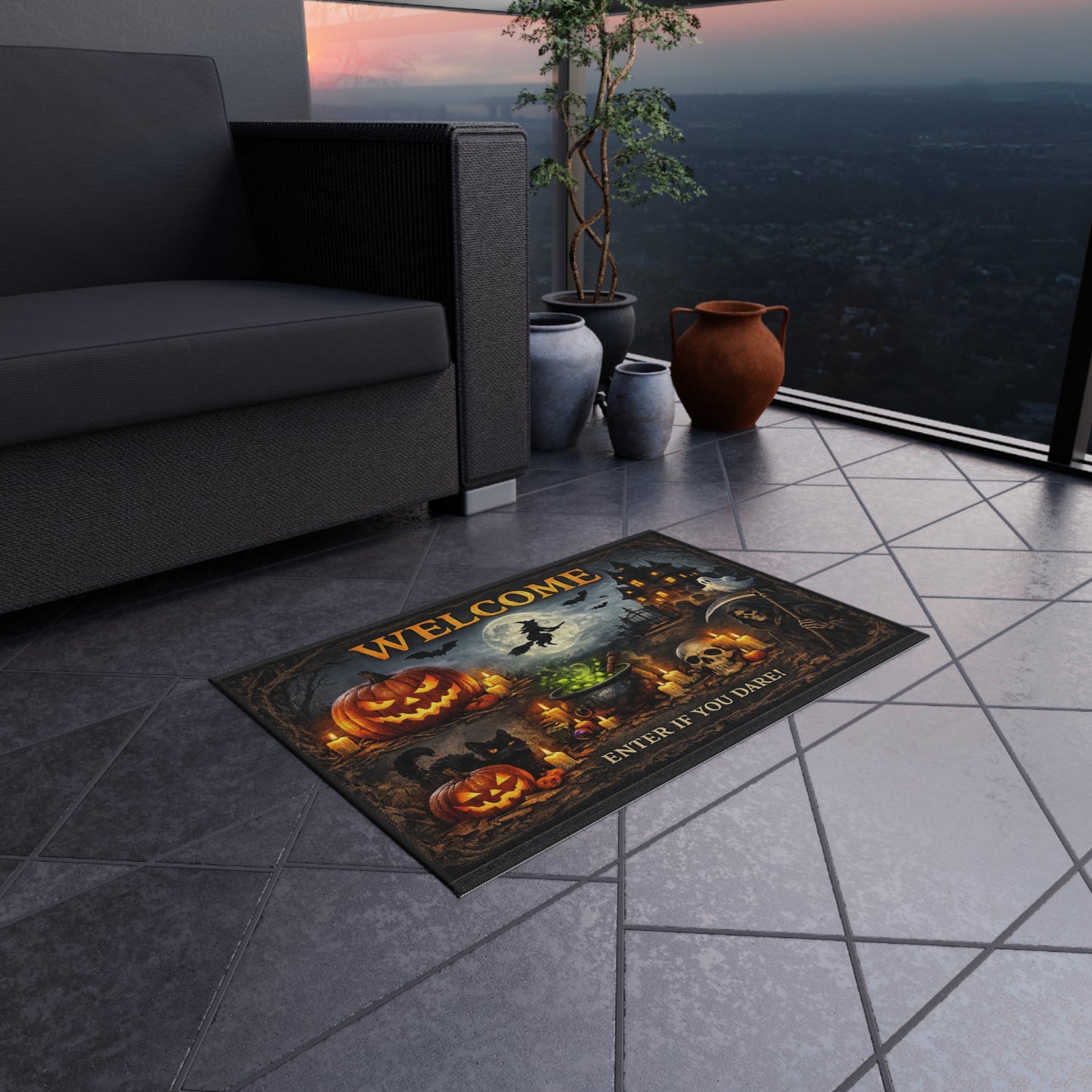 Halloween Welcome Outdoor Rug — 'WELCOME Enter If You Dare' Spooky Porch Mat with Pumpkins, Witch & Haunted House