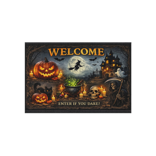 Halloween Welcome Outdoor Rug — 'WELCOME Enter If You Dare' Spooky Porch Mat with Pumpkins, Witch & Haunted House