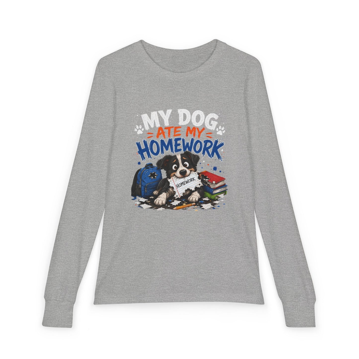 Youth Long Sleeve Tee — "My Dog Ate My Homework" Cute Puppy School Shirt
