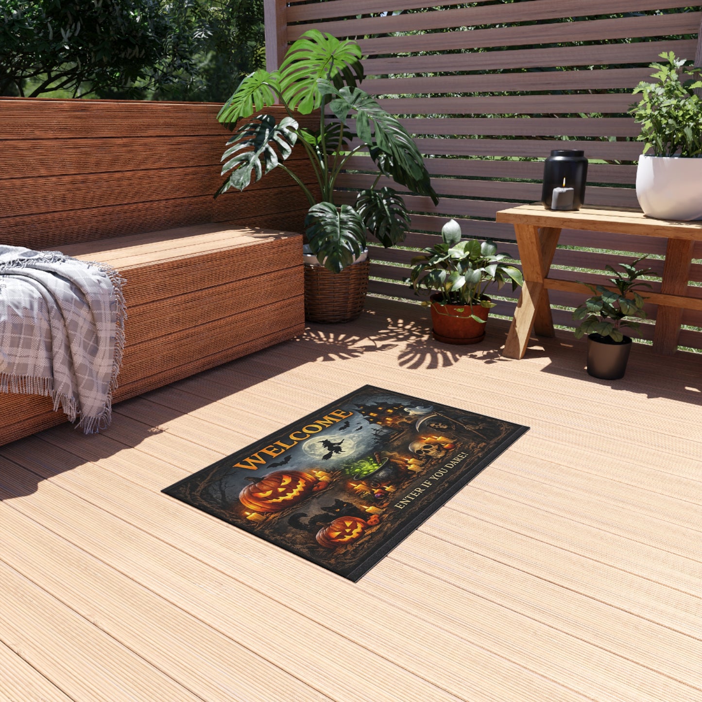 Halloween Welcome Outdoor Rug — 'WELCOME Enter If You Dare' Spooky Porch Mat with Pumpkins, Witch & Haunted House