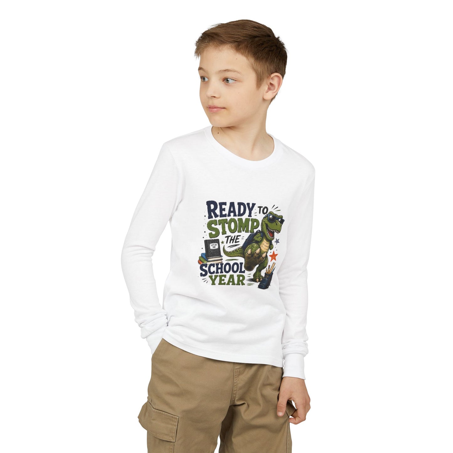 Youth Long Sleeve Tee - "Ready to Stomp the School Year" Dino Back-to-School Shirt