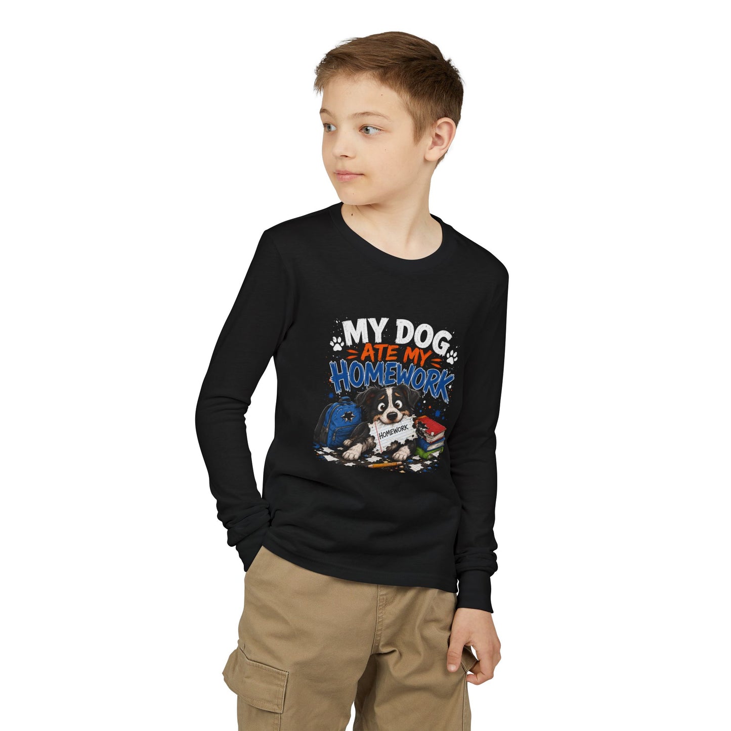 Youth Long Sleeve Tee — "My Dog Ate My Homework" Cute Puppy School Shirt