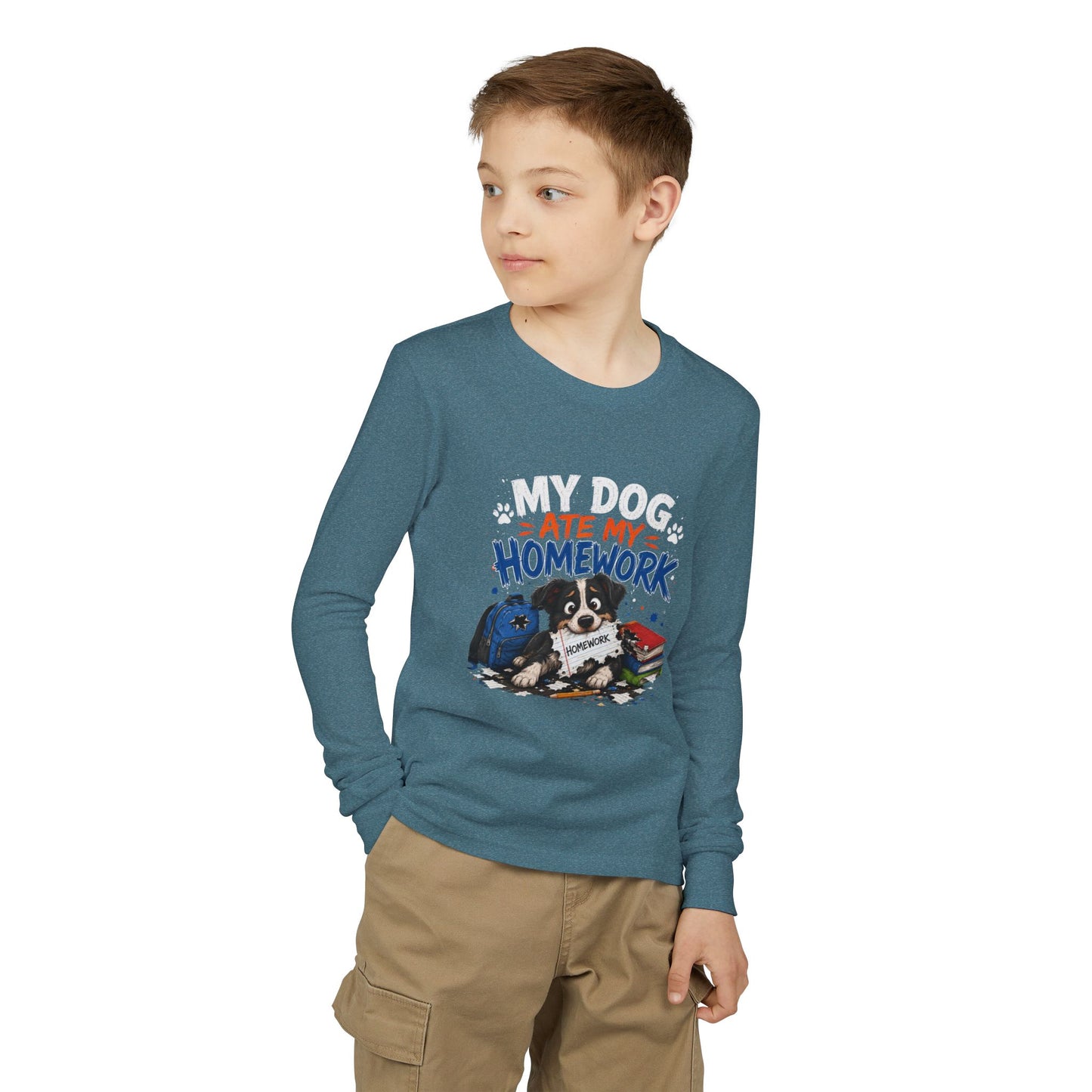 Youth Long Sleeve Tee — "My Dog Ate My Homework" Cute Puppy School Shirt