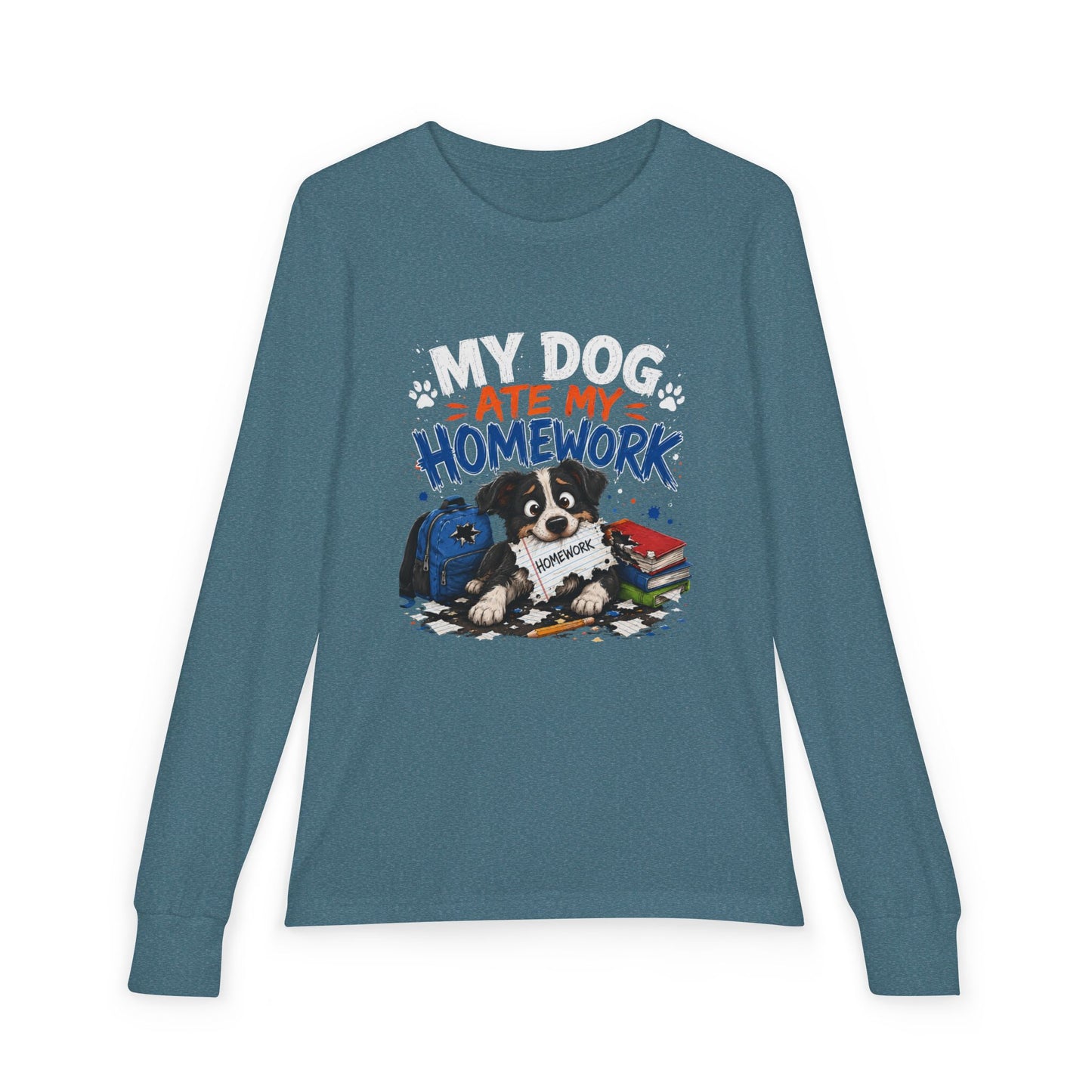 Youth Long Sleeve Tee — "My Dog Ate My Homework" Cute Puppy School Shirt