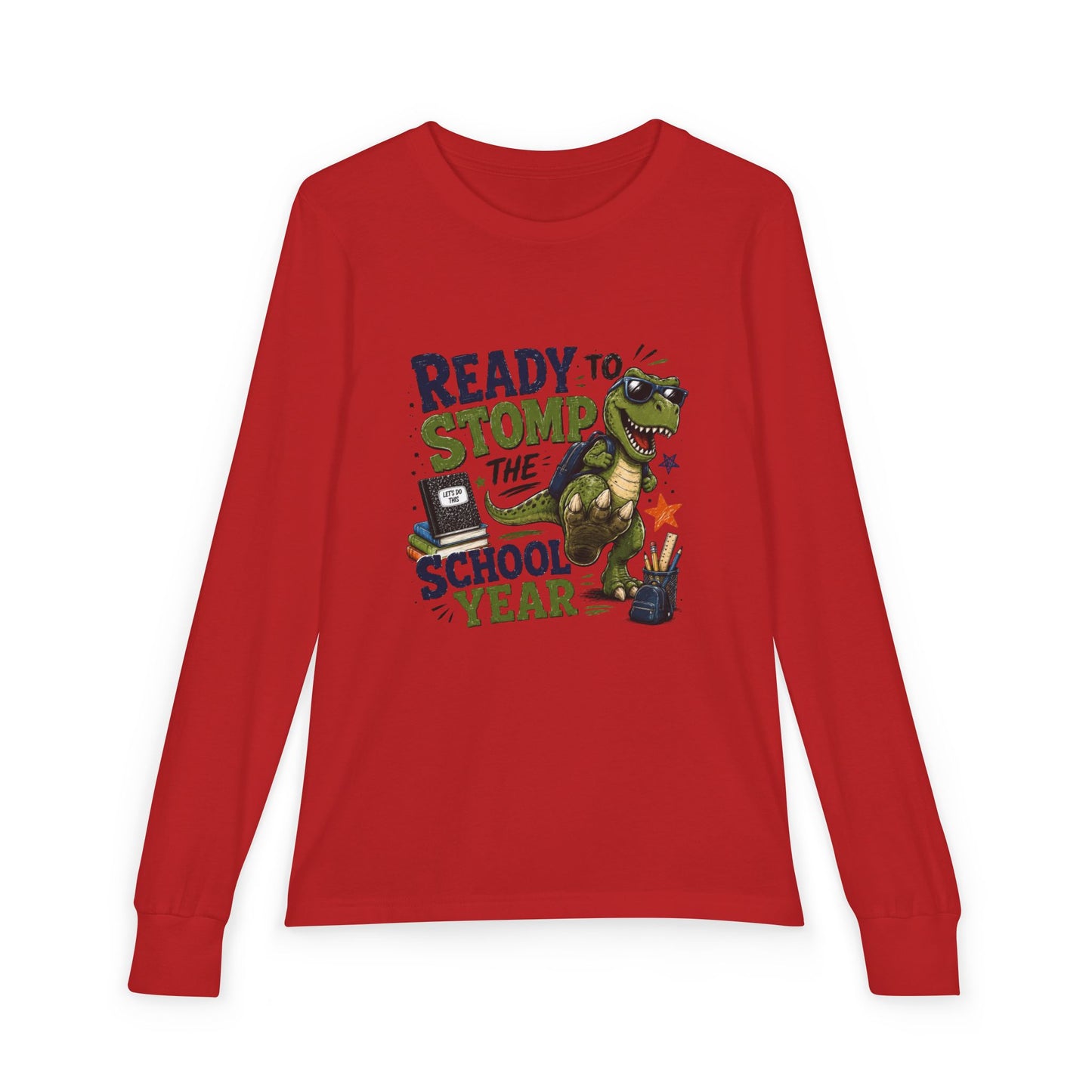 Youth Long Sleeve Tee - "Ready to Stomp the School Year" Dino Back-to-School Shirt
