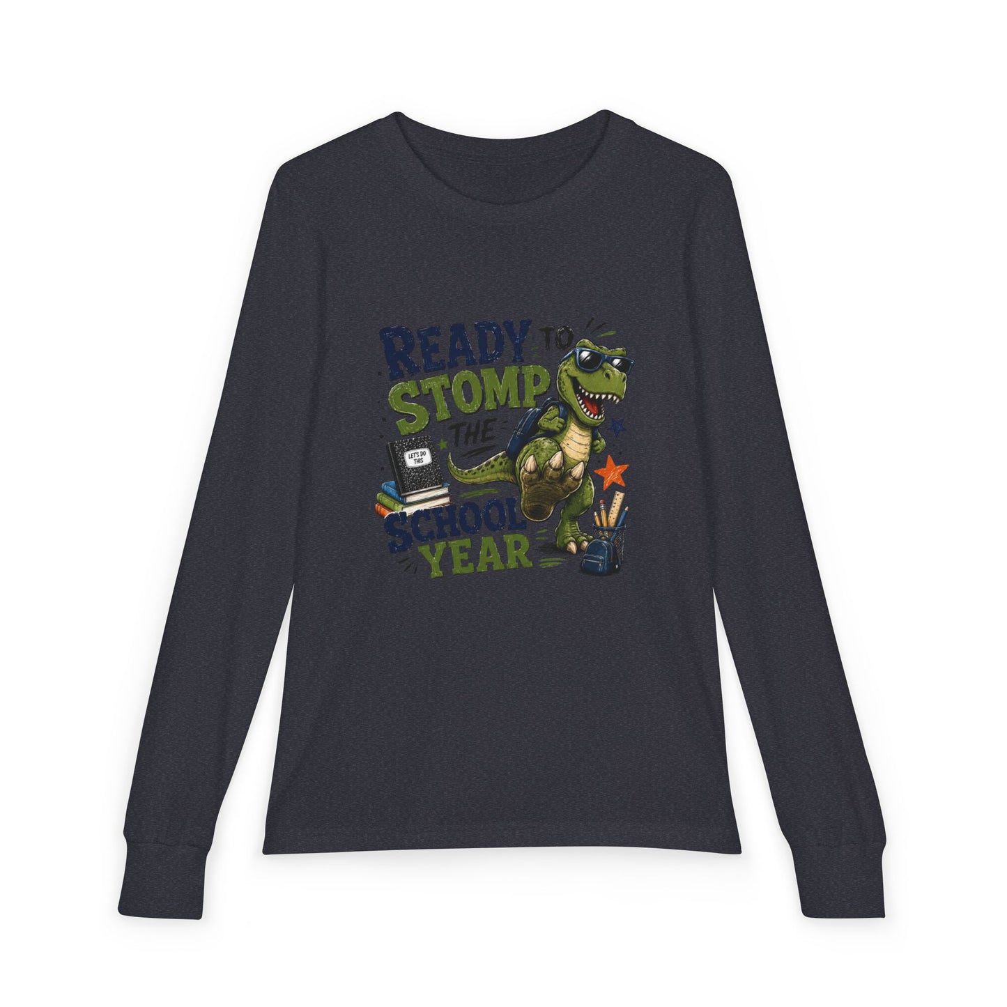 Youth Long Sleeve Tee - "Ready to Stomp the School Year" Dino Back-to-School Shirt