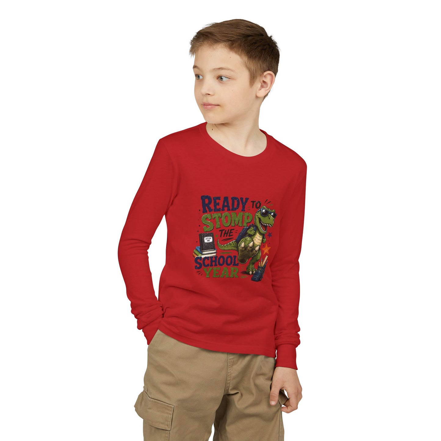 Youth Long Sleeve Tee - "Ready to Stomp the School Year" Dino Back-to-School Shirt
