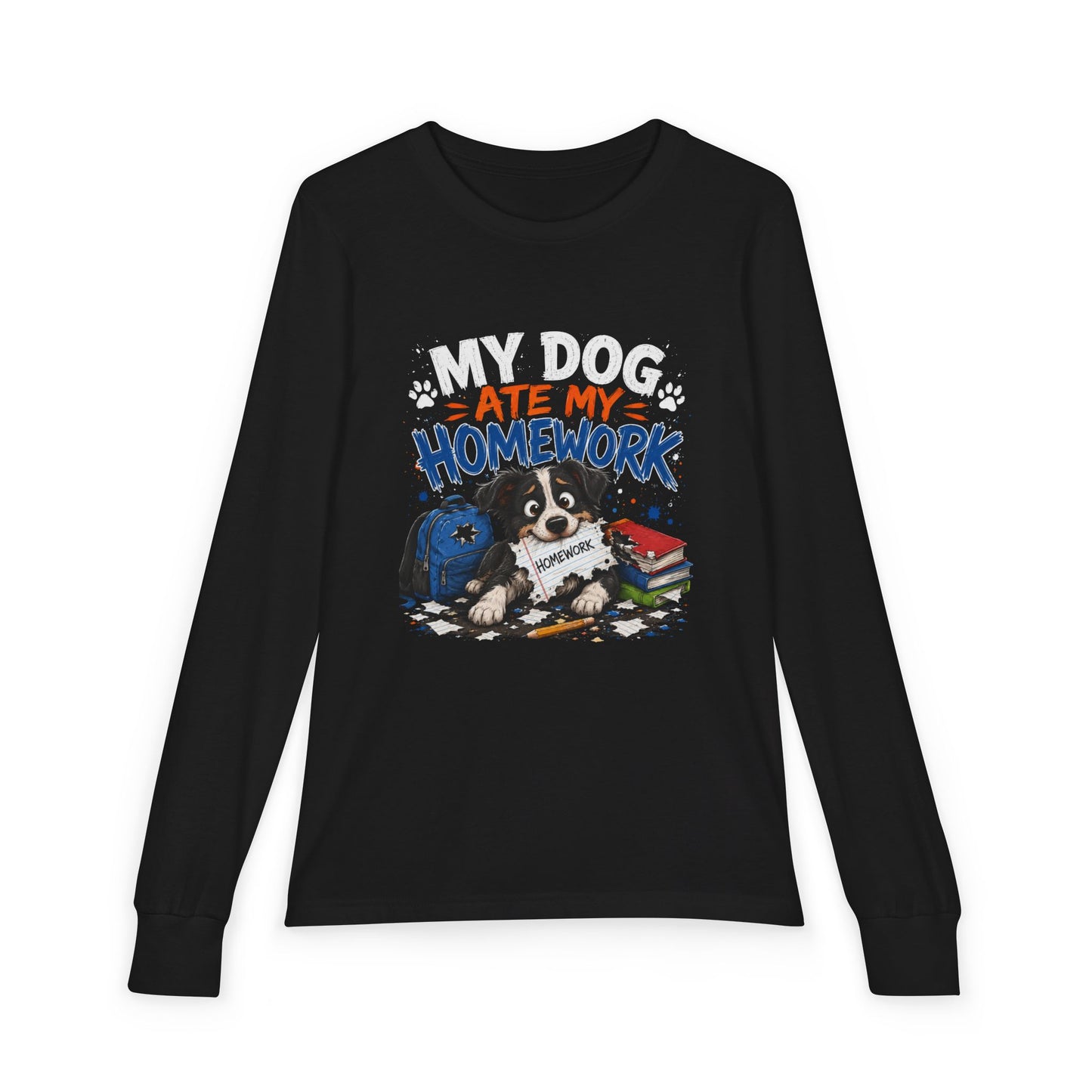 Youth Long Sleeve Tee — "My Dog Ate My Homework" Cute Puppy School Shirt