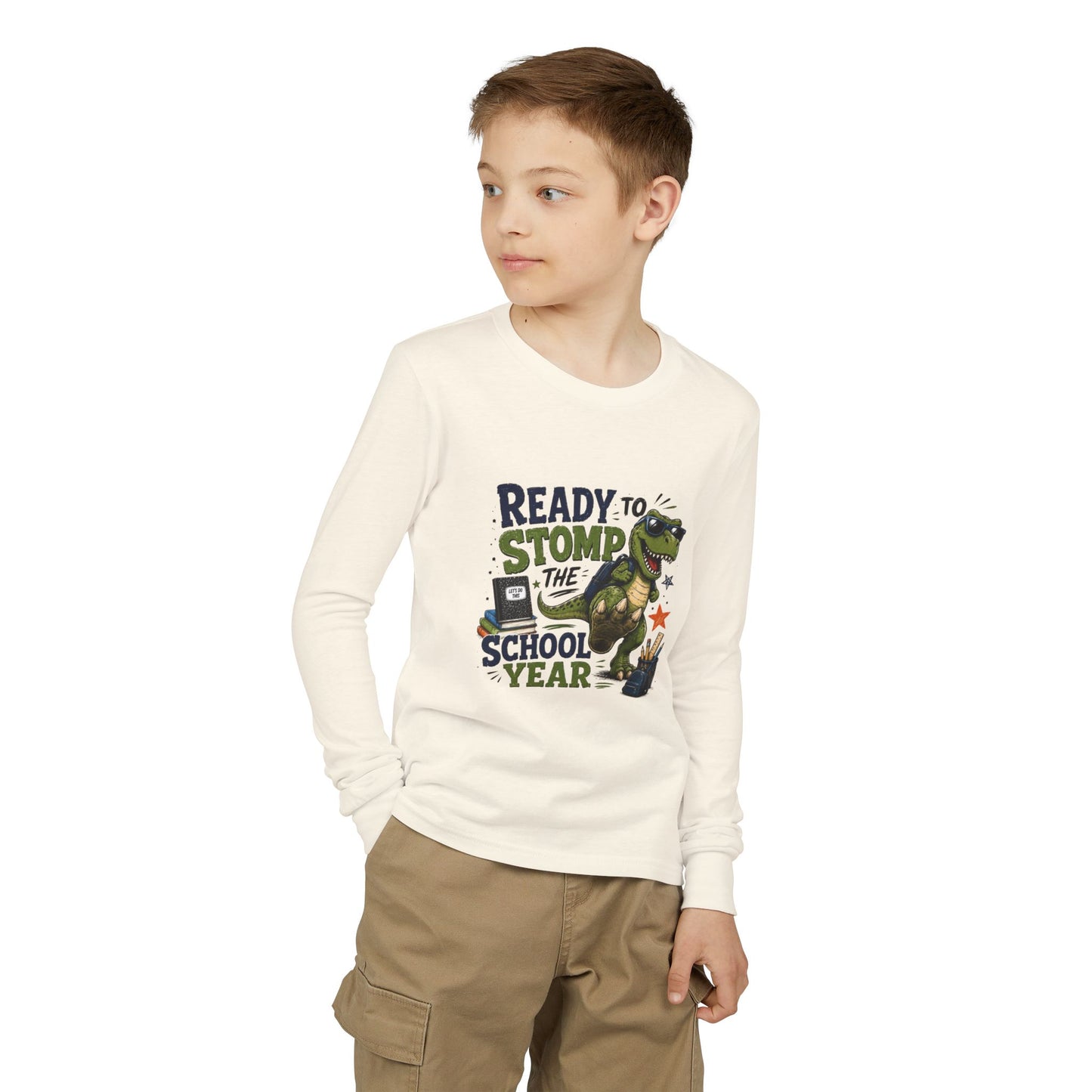 Youth Long Sleeve Tee - "Ready to Stomp the School Year" Dino Back-to-School Shirt