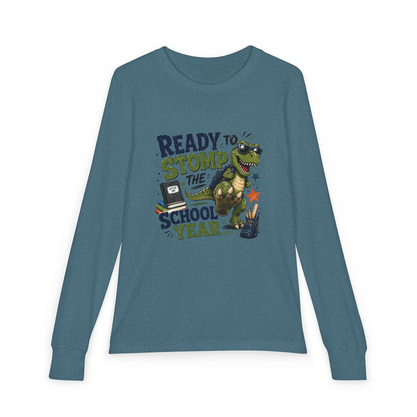 Youth Long Sleeve Tee - "Ready to Stomp the School Year" Dino Back-to-School Shirt