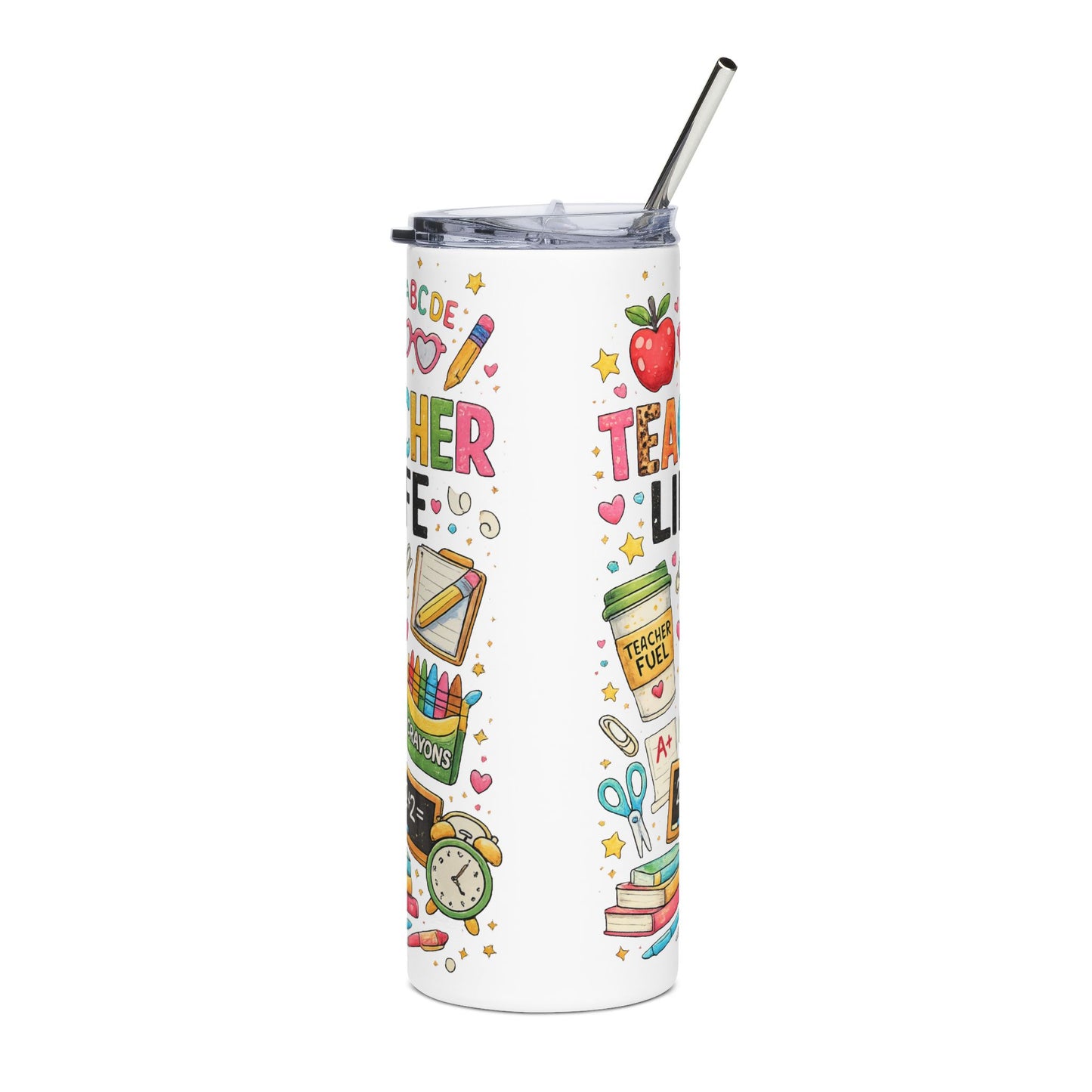 Teacher Life 20oz Stainless Steel Tumbler – Cute School Supply Design, Teacher Fuel Travel Mug