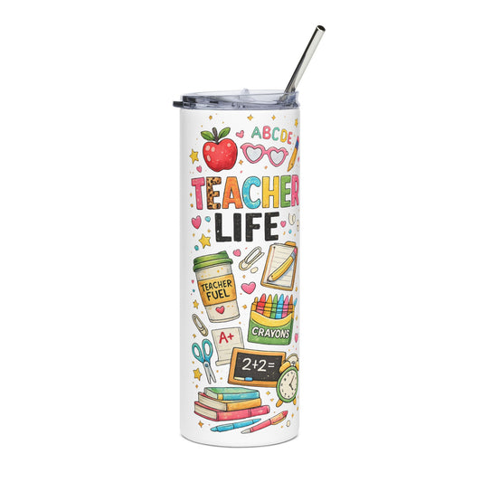 Teacher Life 20oz Stainless Steel Tumbler – Cute School Supply Design, Teacher Fuel Travel Mug
