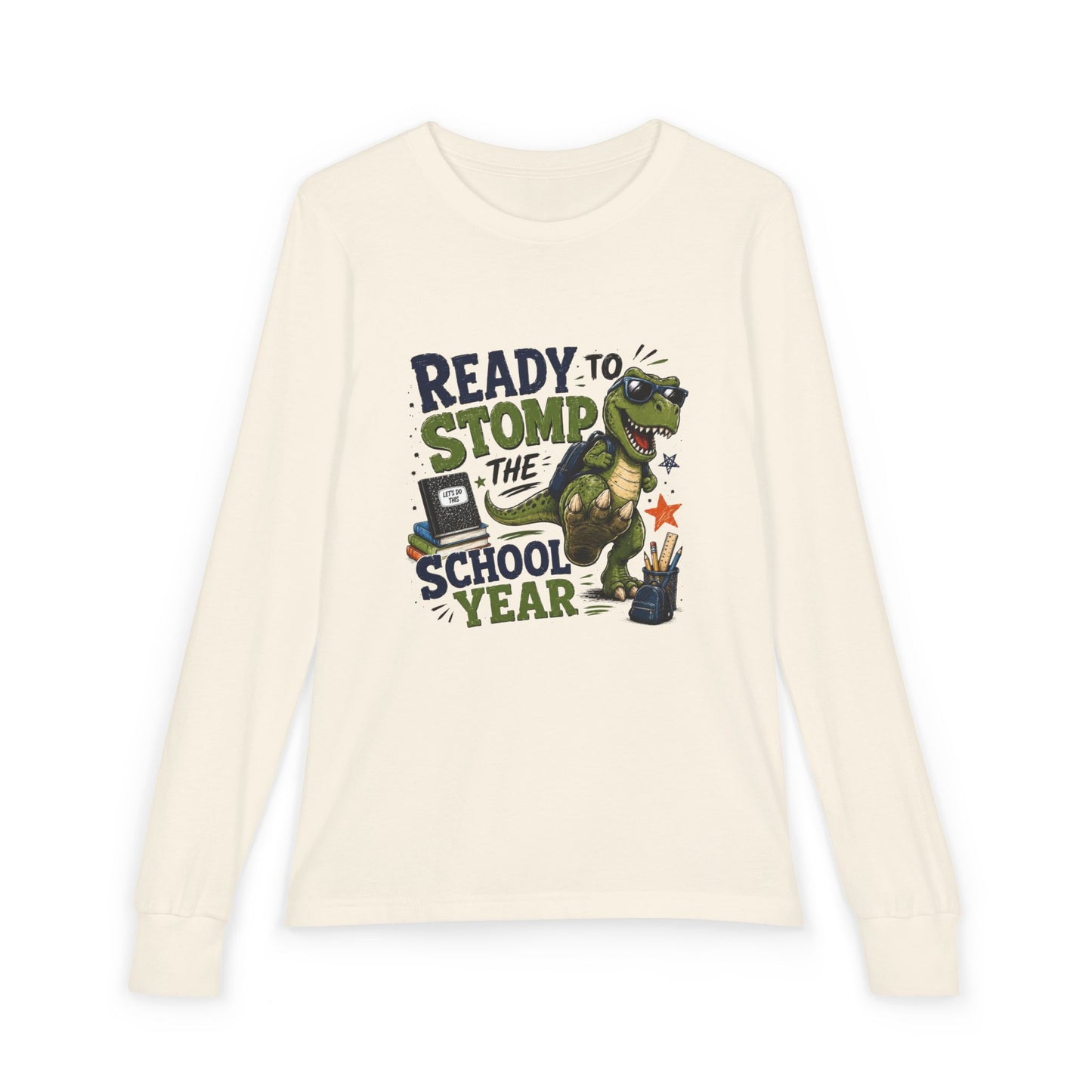 Youth Long Sleeve Tee - "Ready to Stomp the School Year" Dino Back-to-School Shirt