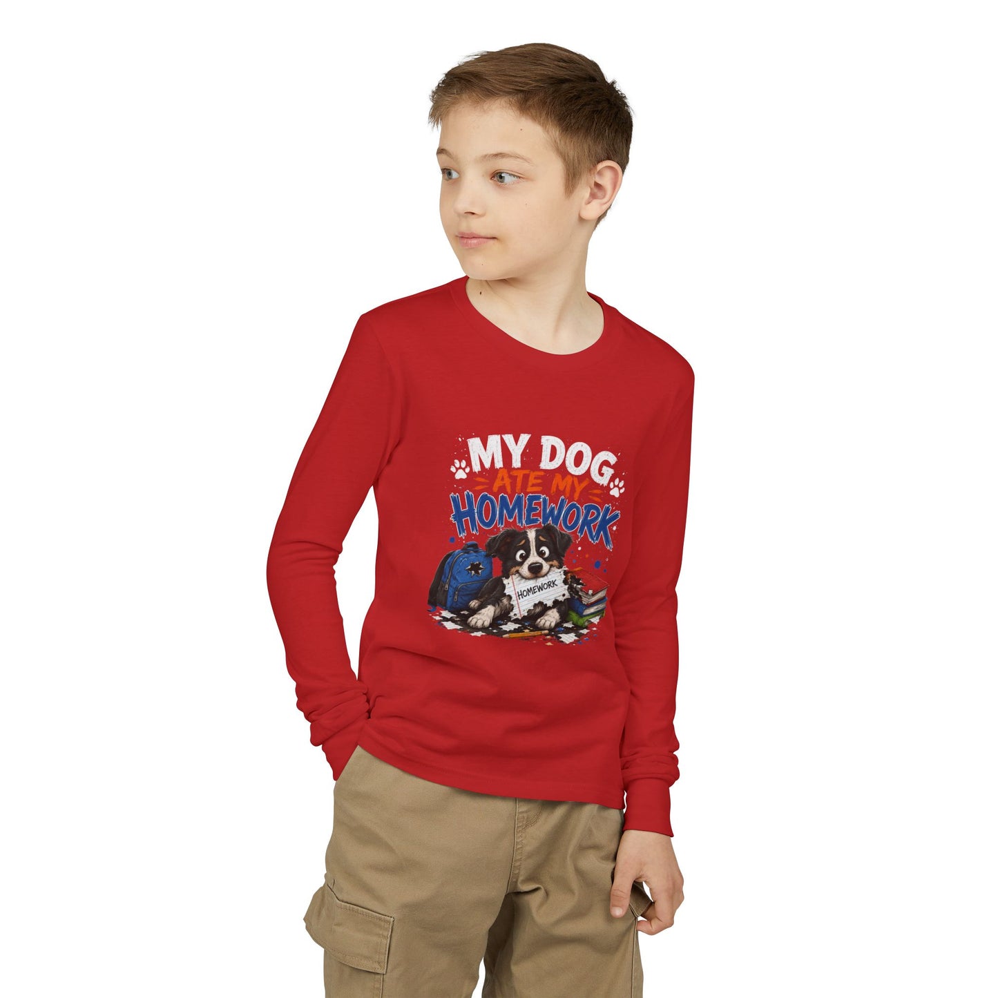 Youth Long Sleeve Tee — "My Dog Ate My Homework" Cute Puppy School Shirt