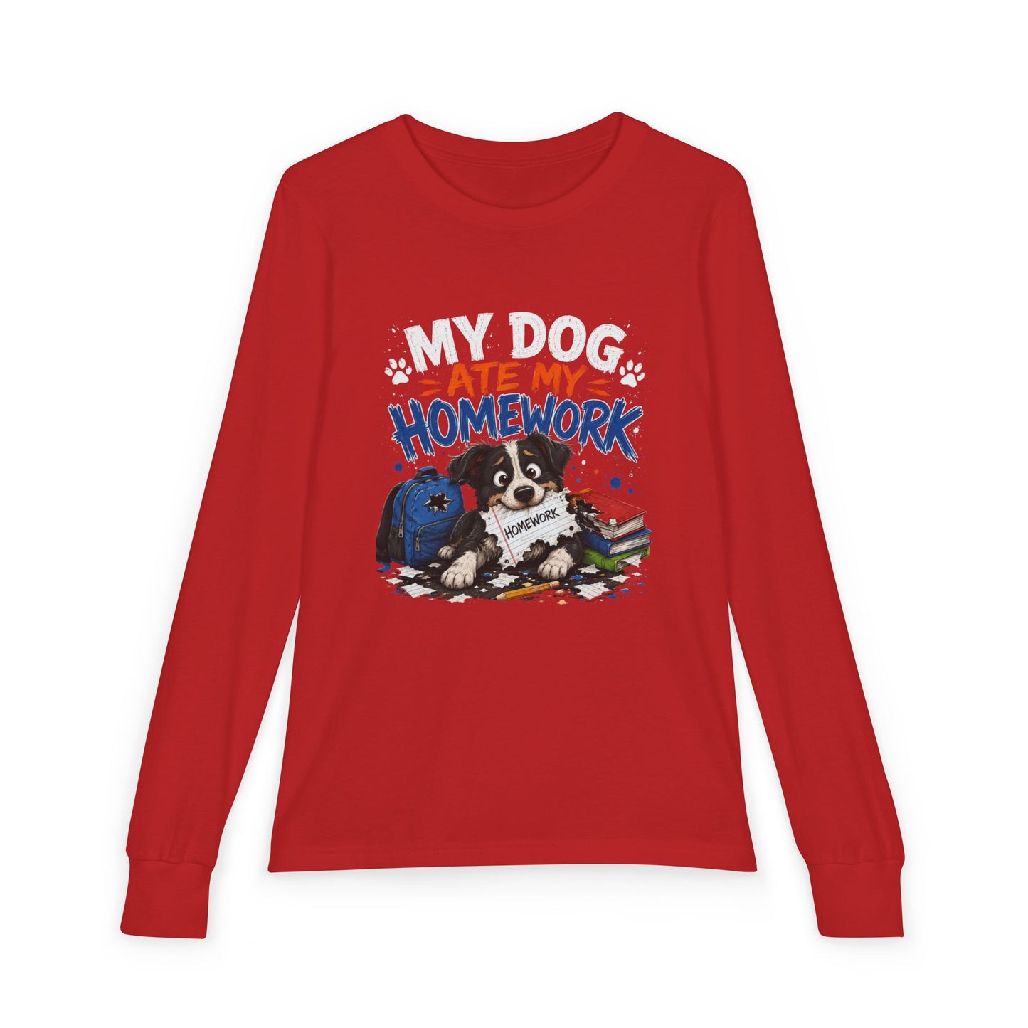Youth Long Sleeve Tee — "My Dog Ate My Homework" Cute Puppy School Shirt